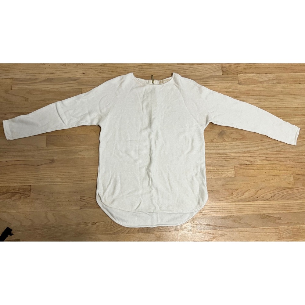Michael Kors White Short Sleeve Knit Top Back Gold Zipper Curved Hem Size Medium